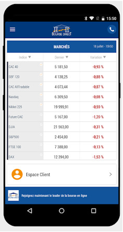 Un exemple d'écran de l'application mobile de Bourse Direct.