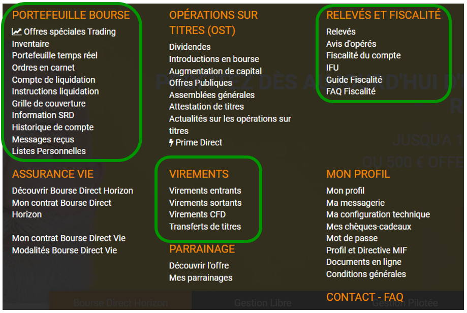extrait-menu-site-bourse-direct Un extrait du menu principal du site de Bourse Direct.