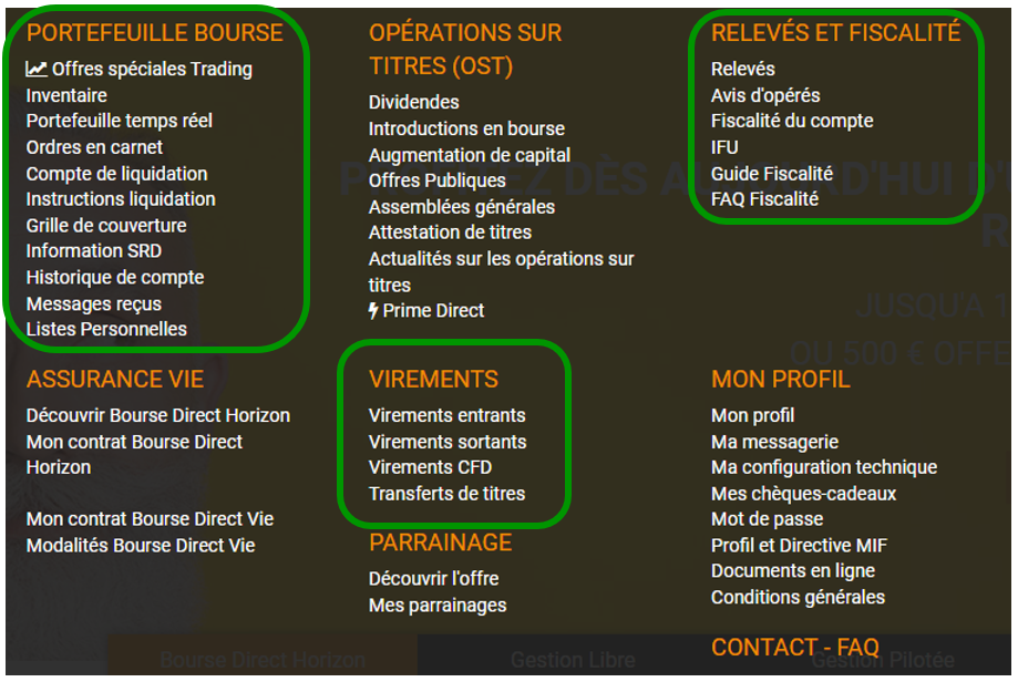 Un extrait du menu principal du site de Bourse Direct.